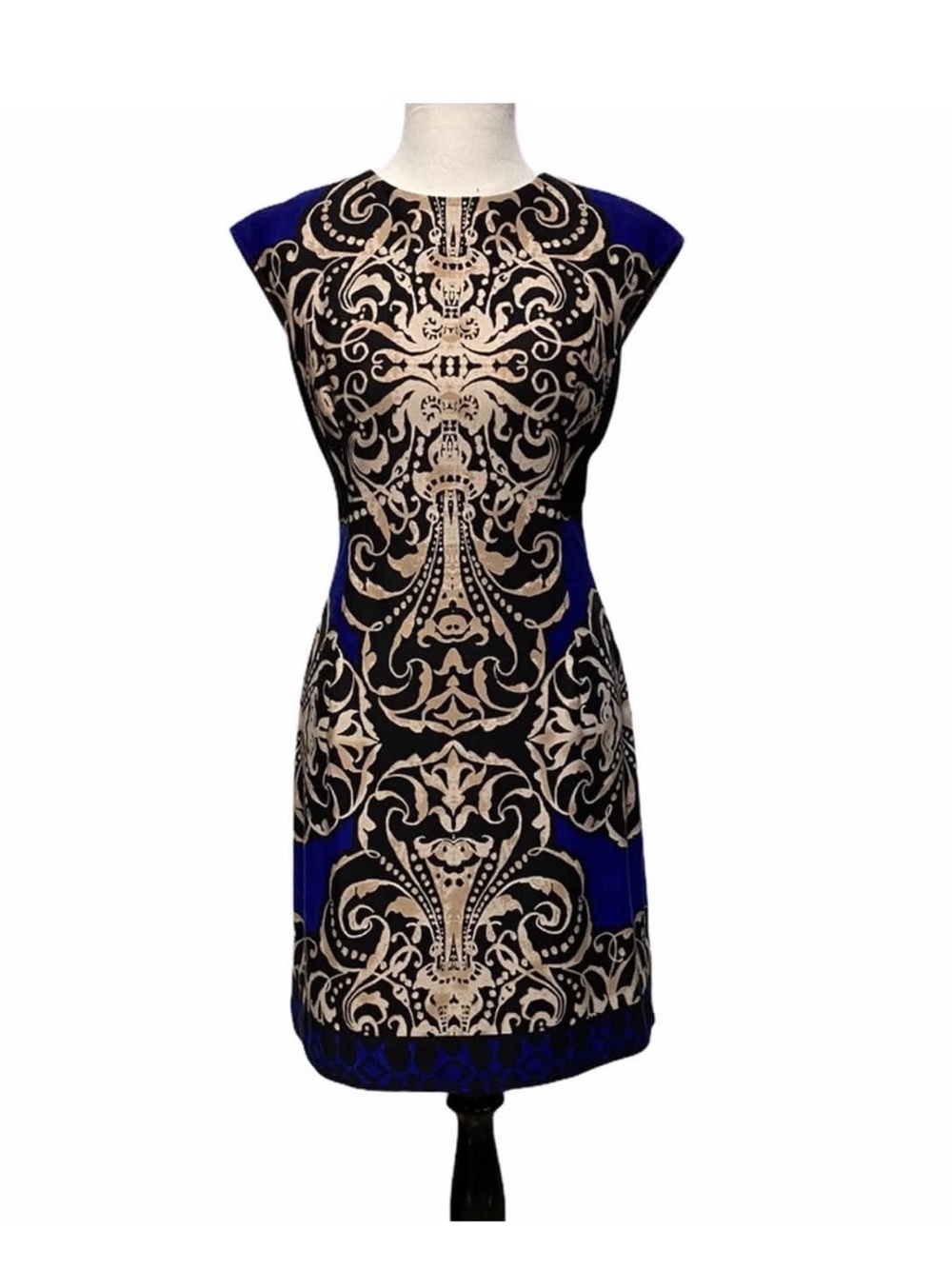 Donna Morgan Royal Blue and Black Baroque Sheath Dress